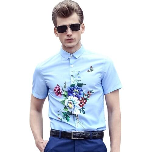 Fanzhuan Free Shipping New fashion casual 2017 male mens short sleeve summer fresh floral light blue shirt blouse 713080 man