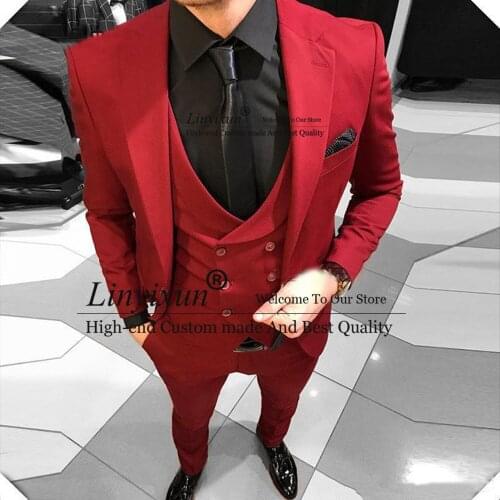 Mens Red Notched Lapel Wedding Suits Evening Party Prom Bridegroom Custom Made Slim Fit Casual Three Pieces Best Man Tuxedos