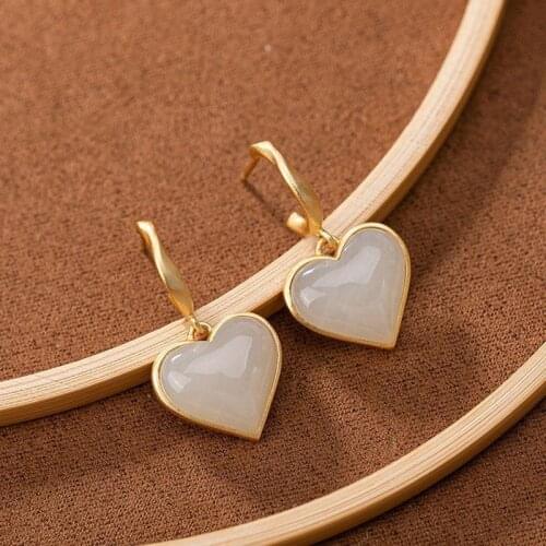 New silver inlaid natural Hetian White Jade Heart Shaped Earrings Chinese charm romantic craft gold womens brand jewelry
