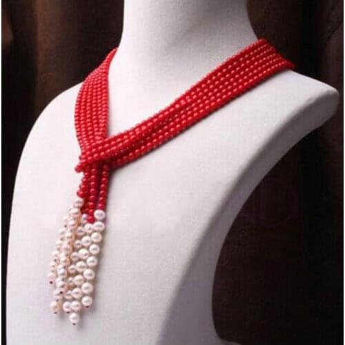 Free shipping beautiful 3 row red coral white pearl necklace fine jewelry