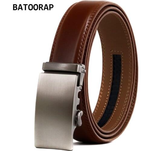 Casual Mens Leather Belts Brown Ratchet Waist Strap Metal Automatic Buckle Cowhide Fashion Business Belt For Men TZP-21QS09