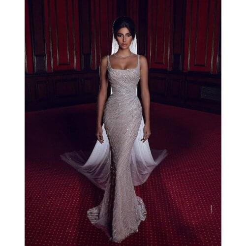 Luxury Beaded Mermaid Wedding Dress 2021 Scoop Neck Bride Dresses Cotton Crochet Crystal Country Boho Beach Bridal Gowns