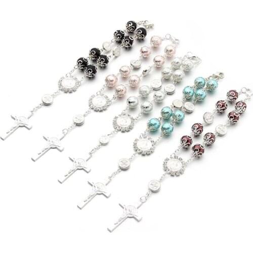 Silver Pearl St. Benedict Cross Bracelet on Baptismal Greetings Support for Holy Communion Catholic Rosary
