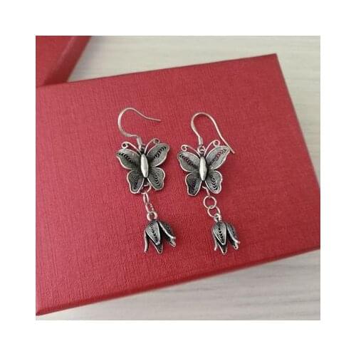 Multi style national style hand carved fashion retro hollow Butterfly Ball Earrings small butterfly earrings personalized Earrin