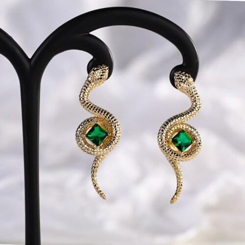 18K Gold Cross Snake Dangle Earring with AAA Square Zircon Green Emerald Color Animal Design Best Gift for Women Party Wedding