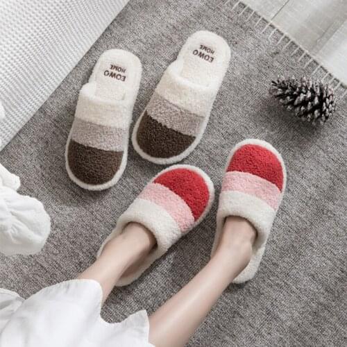 Men And Women Couple Stripe Pattern Thicken Plush Slippers Female Winter Flock Non-Slip Home Warm Indoor Cotton Shoes