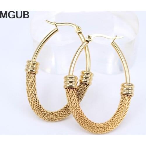 Mesh Oval gold color 316L stainless steel Hoop earrings female popular fashion Wear 40-50mm Diameter wholesale LH447
