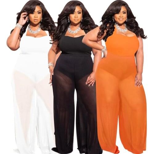 Sexy Halter Backless Open Back Sleeveless Jumpsuit Women One Piece Rompers Wide Leg Mesh Beach Orange Playsuit Plus Size 4XL
