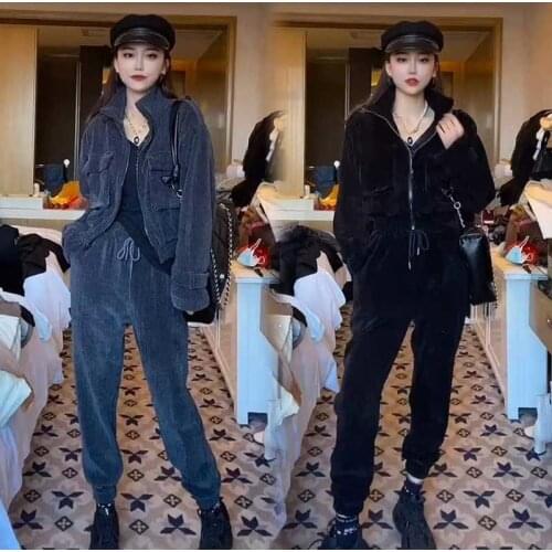 Women 2021 Spring Autumn Vintage Corduroy Jacket Suit Female 2 Pieces Set Crop Jackets & Pant Ladies Casual Tracksuit Sets C303