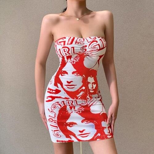 RMSFE 2021 Ladies Head Print Slim Fit Sexy Bra Beautiful Back Off Shoulder Street Trendsetter Short Skirt Dress