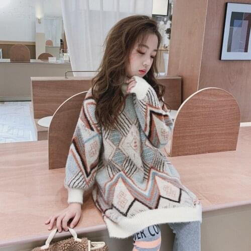 3-12 years toddler baby girl winter clothes sweater Korean children geometric pattern turtleneck sweater all-match sweater dress