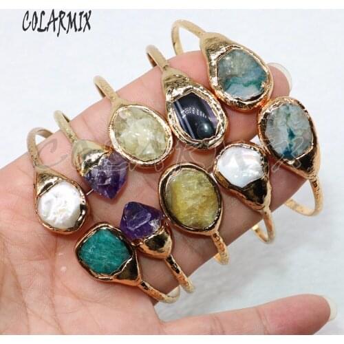 5 pieces double stone bangles multi kind stone crystal bangle golden plated bangle bracelets wholesale jewelry for women 4841