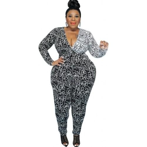 African Jumpsuit Clothes Women 4XL 5XL Plus Size V Neck Rompers 2021 Letter Print Splice Oversize Casual Africa Clothing Outfits