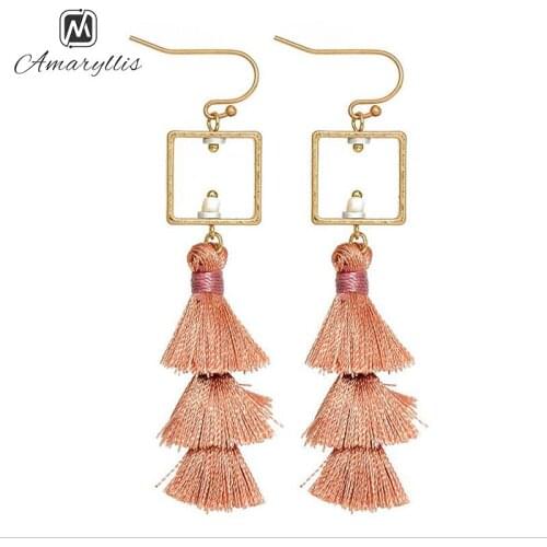Amaiyllis Elegant 3 layered Fringe Earrings New Stacked Tassel Dangle Earrings For Women Vintage Square Statement Drop Earrings