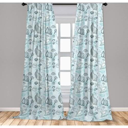 Pale Blue Curtains Grunge Sea Underwater Life Shells Starfishes Sketchy Maritime Art Window Curtain Living Room