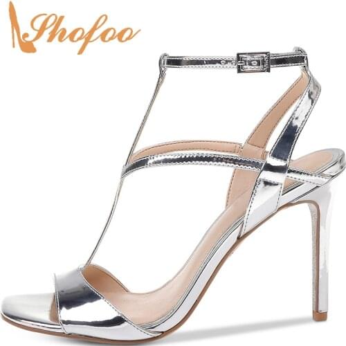 T-tied Basic Sandals Patent Leather Silver Solid Buckle Strap Super High Thin Heels Leisure Mature 2021 Summer Large Size 13 14