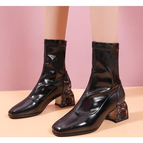 Fashion Square Toe Ankle Boots Autumn Winter Women Boots Comfortable Low Heel Ladies Shoes Elastic boots Black 2020 34-43