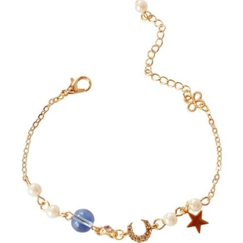 Gold Color Chain Lucky Clover Bracelet Blue Crystal Beads Imitaion Pearls Star Moon Charms Bracelets For Women Lady Girls Gifts