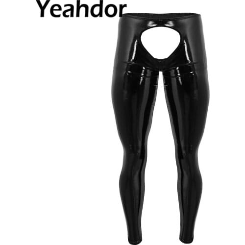 Black Mens Sexy Lingerie Clubwear Shiny Patent Leather Open Butt Open Pouch Tight Pants Leggings Trousers for Party Night