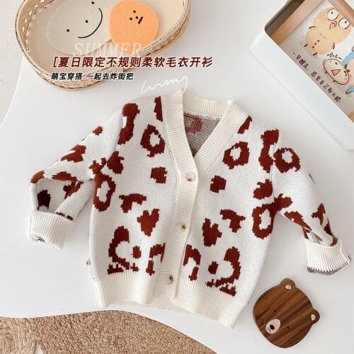 Kids Sweater V-neck Knitted Cardigan 2021 Autumn Winter Baby Leopard Sweater Jacket Fashuion Kids Girls Coat Sweater Cardigan