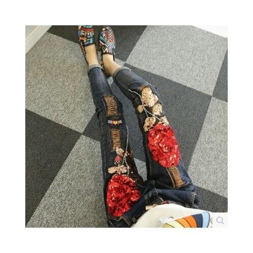 Europe Style Women Fashion Jeans 2020 Spring Autumn Female Students Red Rose Sequins Slim Small Foot Denim Pants Trousers Outfit