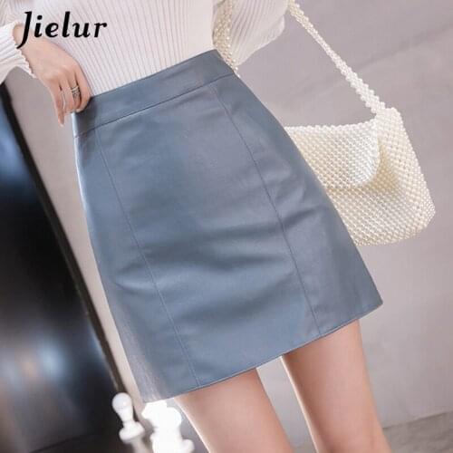 Jielur Faux Leather Skirt Female Skinny High Waist Womens Skirt New Hot Sexy Lady Shiny PU Yellow Blue Black Saias Zipper S-XXL