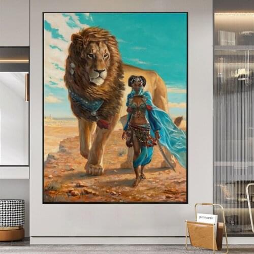 Canvas Painting Beautiful Masked Woman Wall Art Wild Animal Lion Poster Print Wall Picture for Living Room Home Decor Cuadros