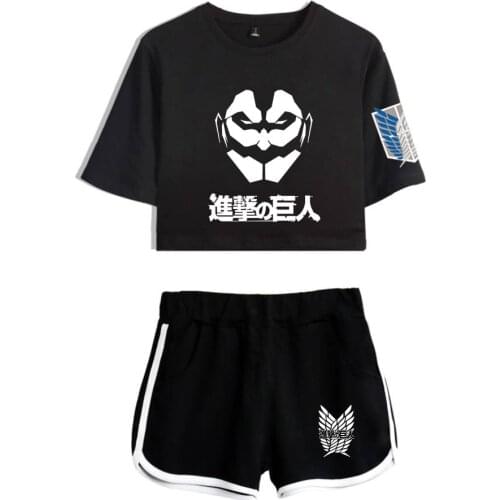 2021 Anime Attack On Titan Two Piece Sets Women Girls New fashion Print Attack On Titan Dew navel Short T-shirt Pants Plus Size