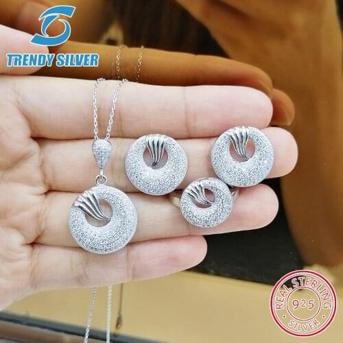 Complete pure 925 sterling silver zirconia clear CZ luxury jewelry set ring earrings for woman pendant necklace trendy design