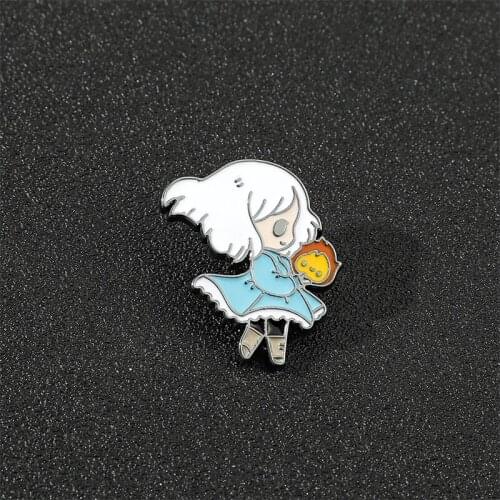 Howls Moving Castle Anime Figure Metal Brooch Howl Calcifer Enamel Lapel Pin Children Gifts Fans Decoration