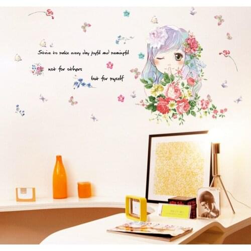 Cute cartoon girl wall sticker PVC Material DIY flower girl wall decals For Childrens room bedroom home decor sticker