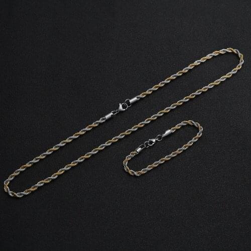 Fashion Mens Jewelry Set 5MM Stainless Steel Gold Color Twist Chain Link Necklace & Bracelet Hip Hop Rock Style Set