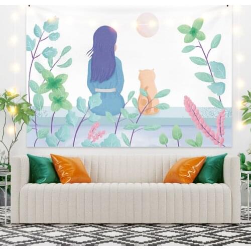 Cartoons Tapestry Girl and Cat Fashion Wall Hanging Background Dorm Bedroom Boho Art Decor Picnic Beach Mat