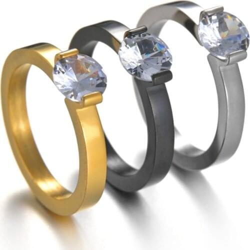 New Couple Rings Stainless Steel Gold Color Lover Rings Rhinestone Crystal Finger Rings For Women Bride Wedding Engagement Party