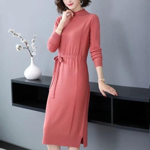 Autumn Winter Women Turtleneck Loose Long Sleeve Top Sweater Dress Robe Knitted Sweaters Drawstring Dresses Female Pullover