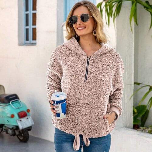 Fall Solid Plush Sweatshirt Coat Woman Fashion Long Sleeve Zip Drawstring Hoodie Women Clothes Winter Casual Black Slim Pullover