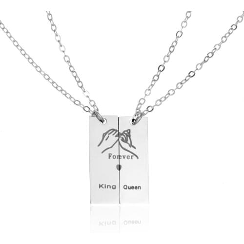 King Queen Forever Letter Lover Couple Necklaces Choker Hold Hands Stainless Steel Necklace For Women Men Lady Male Gift