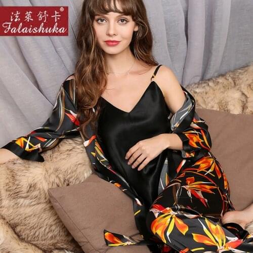 Real Silk Pajamas Female Three-Piece Spring Autumn 100% Silkworm Silk Sleepwear Woman Long-Sleeve Printed Pyjama Sets T8175