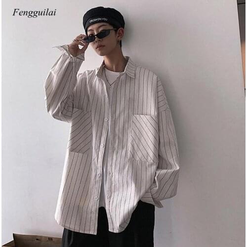 Striped Shirts Streetwear Casual 2021 Black Oversized Shirts White Harajuku Vintage Long Sleeve Shirt for Men