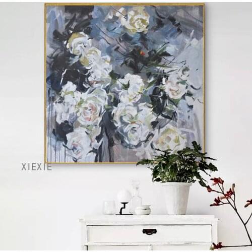Plant Oil Painting White Flowers Canvas Wall Art Blue Background Printed Poster Modern Home Decoration for Living Room Office