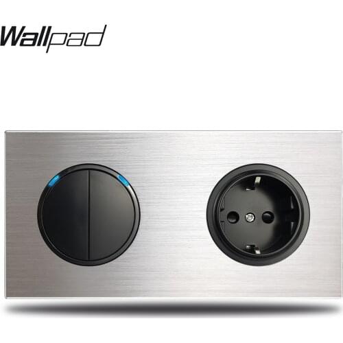 Wallpad Grey 2 Gang Double Light Switch with EU Wall Electrical Power Socket Silver Brushed Aluminum Panel Dual Plate