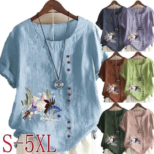 Ladies cotton and linen summer leisure flower printing loose T-shirt O-neck large size short-sleeved top womens S-5XL