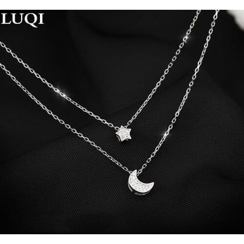 Womens Fashion Zircon Star Moon S925 Silver Platinum Plated Double Temperament Necklace 409