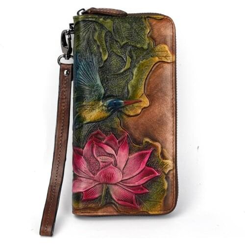 Genuine Leather Woman Wallet Handmade Long Purse Vintage Solid Cowhide multiple Card Holder Retro Clutch Fashion Standard Wallet