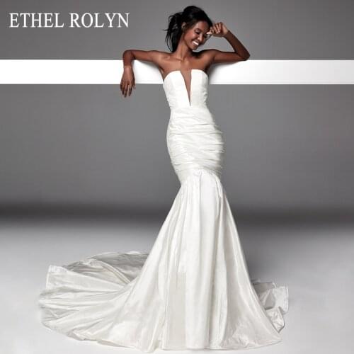 Elegant Satin Mermaid Wedding Dresses 2021 Ruched Strapless Sleeveless Bride ETHEL ROLYN Vintage Bridal Gown Vestido De Novia