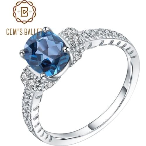 GEMS BALLET 1.57Ct Natural London Blue Topaz Gemstone Ring 925 Sterling Silver Engagement Rings For Women Fine Jewelry