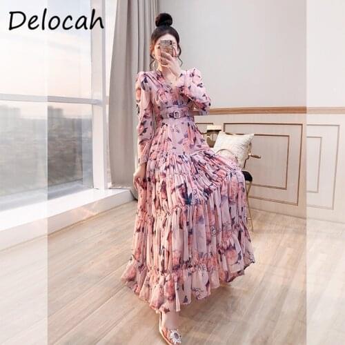 Delocah New 2021 Fashion Summer Runway Designer Boho Holiday Long Dress Sexy V-Neck High Waist Printed Ladies Chiffon Dresses