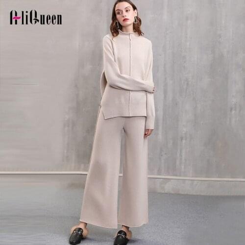 Winter Black Casual Two Piece Set Women Thicken Knitted Loose Sweater Pullover Crop Top + Wide Leg Pants Set Suit Female Outfits