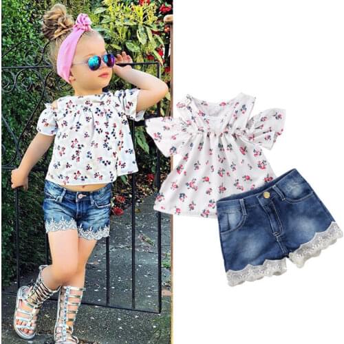 Pretty Cute Toddler Baby Girls Clothes Sets 2PCS Off Shoulder Short Sleeve Floral Print T-Shirts Tops+Denim Shorts