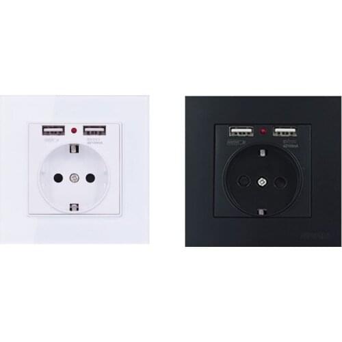 2021 New EU Standard Wall Electrical Power Socket with Dual Usb Ports Tempered Glass